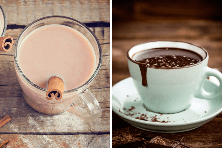 O cană de cacao fierbinte alături de o cană de ciocolată caldă