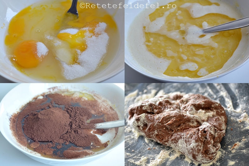 Colaj de patru fotografii în care se află ingrediente necesare preparării foilor de prăjituri coapte pe dosul tăvii.
