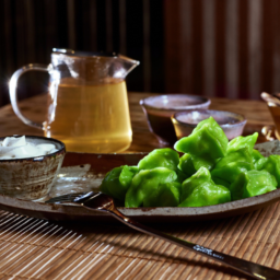 O cană de ceai verde, așezată pe un platou.