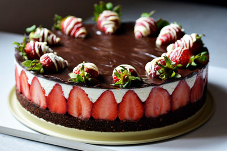 Un cheesecake cu căpșuni și ciocolată ornat cu căpșuni glazurate cu ciocolată albă care stă pe un platou așezat pe un blat alb