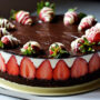Un cheesecake cu căpșuni și ciocolată ornat cu căpșuni glazurate cu ciocolată albă care stă pe un platou așezat pe un blat alb