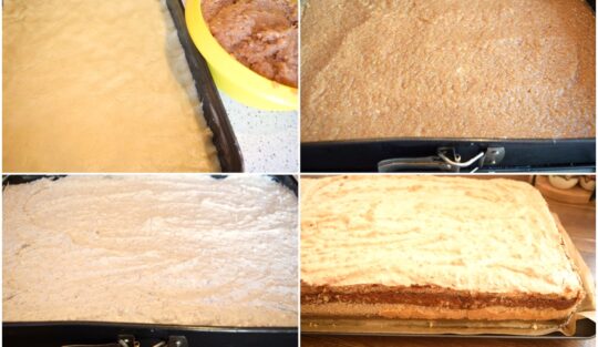 Colaj de poze cu pașii de preparare ai prăjiturii cu mere și bezea