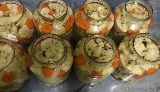 Șase borcane cu conopidă murată cu morcovi și hrean
