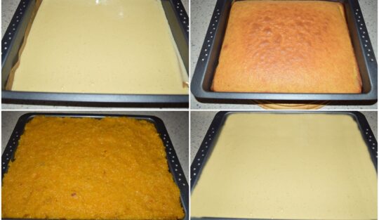 Colaj de poze cu pașii de preparare ai prăjiturii cu dovleac și aluat turnat
