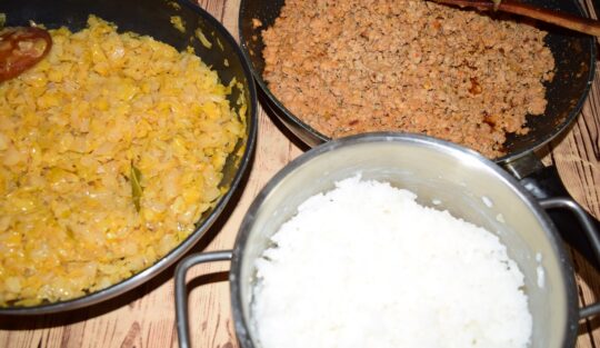 Ingrediente pentru rețeta de varză în straturi: varză acră, călită, orez fiert și carne tocată, în cratițe separate