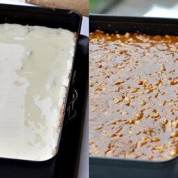 Colaj de poze cu pașii de preparare ai prăjiturii cu caramel