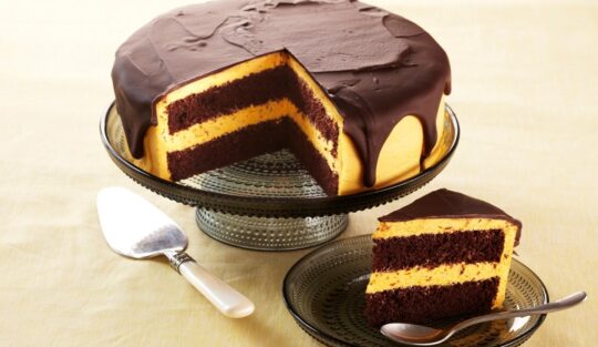 Tort cu cremă de dovleac copt și glazură de ciocolată secționat pe un platou cu picior și o felie de tort pe farfurie