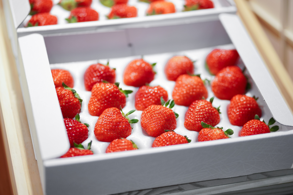 O cutie plină cu căpșuni japoneze aranjete spre vânzare