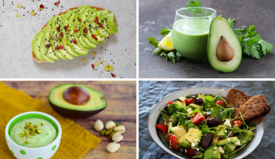 Un colaj de fotografii care ilustrează preparate cu avocado