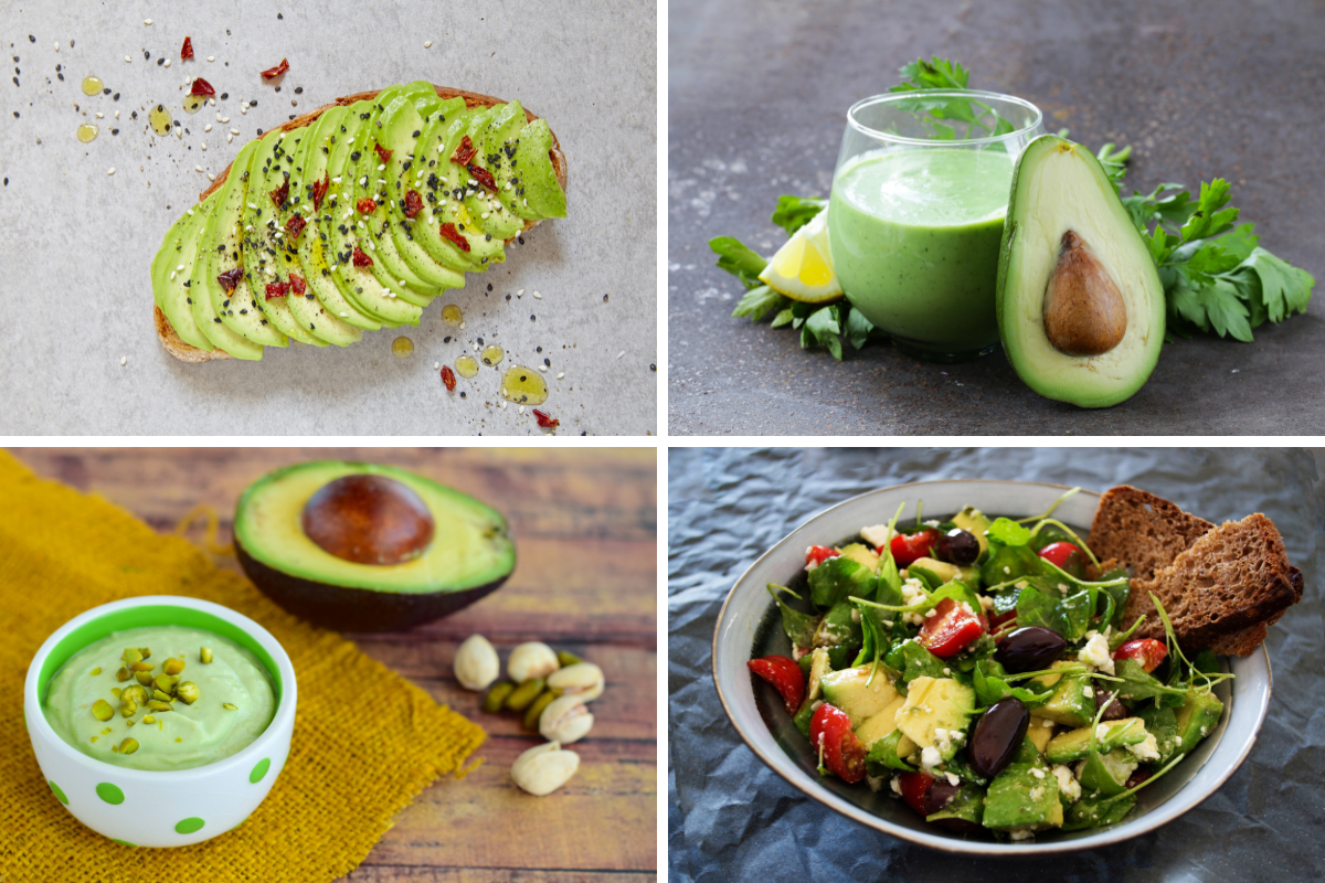 Un colaj de fotografii care ilustrează preparate cu avocado