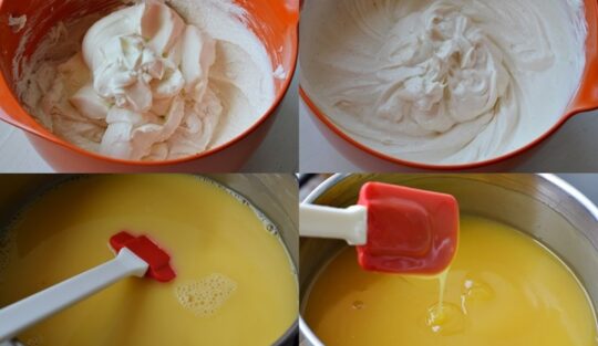 Colaj de poze cu pașii de preparare a cremei de brânză și a jeleului de portocale