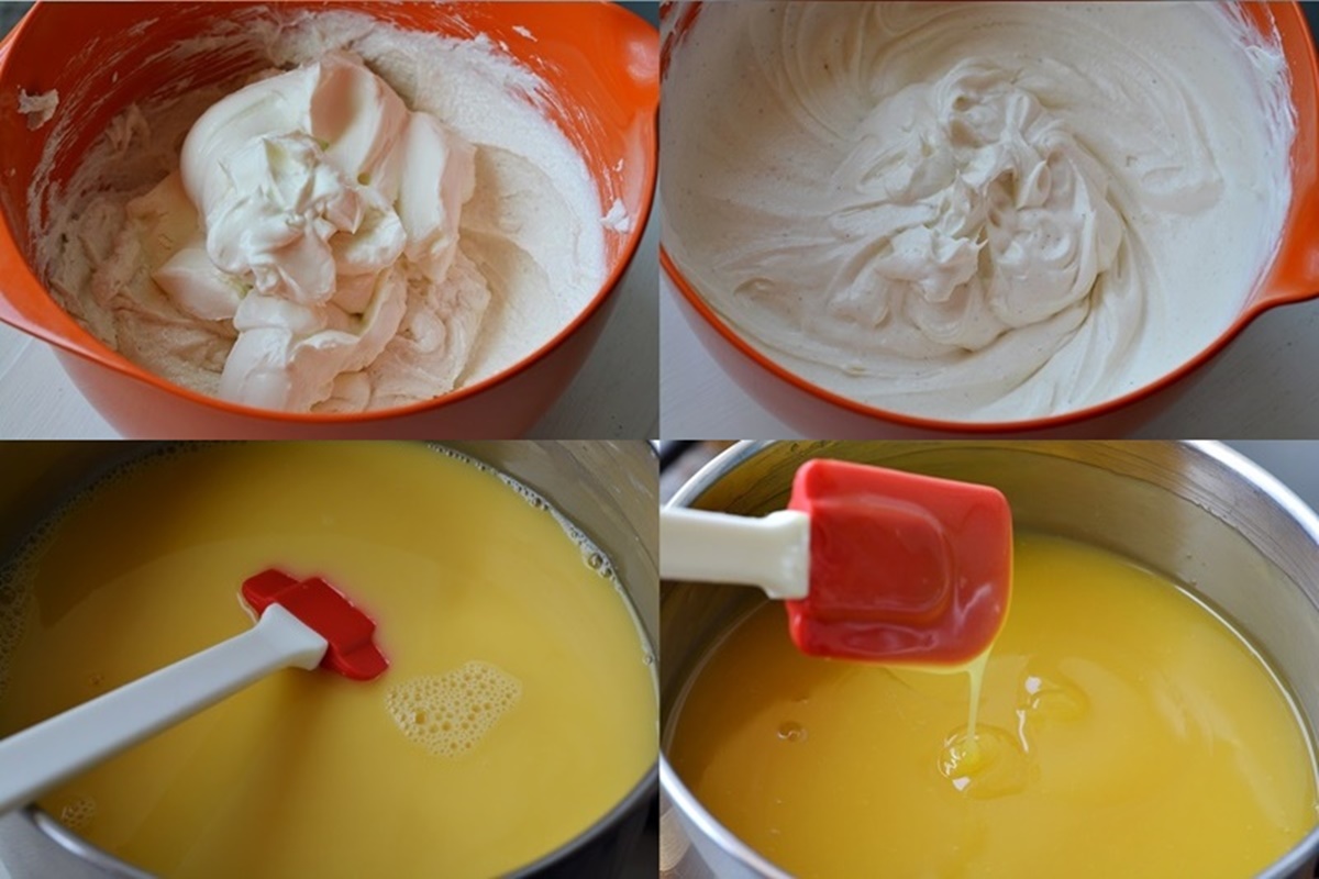 Colaj de poze cu pașii de preparare a cremei de brânză și a jeleului de portocale