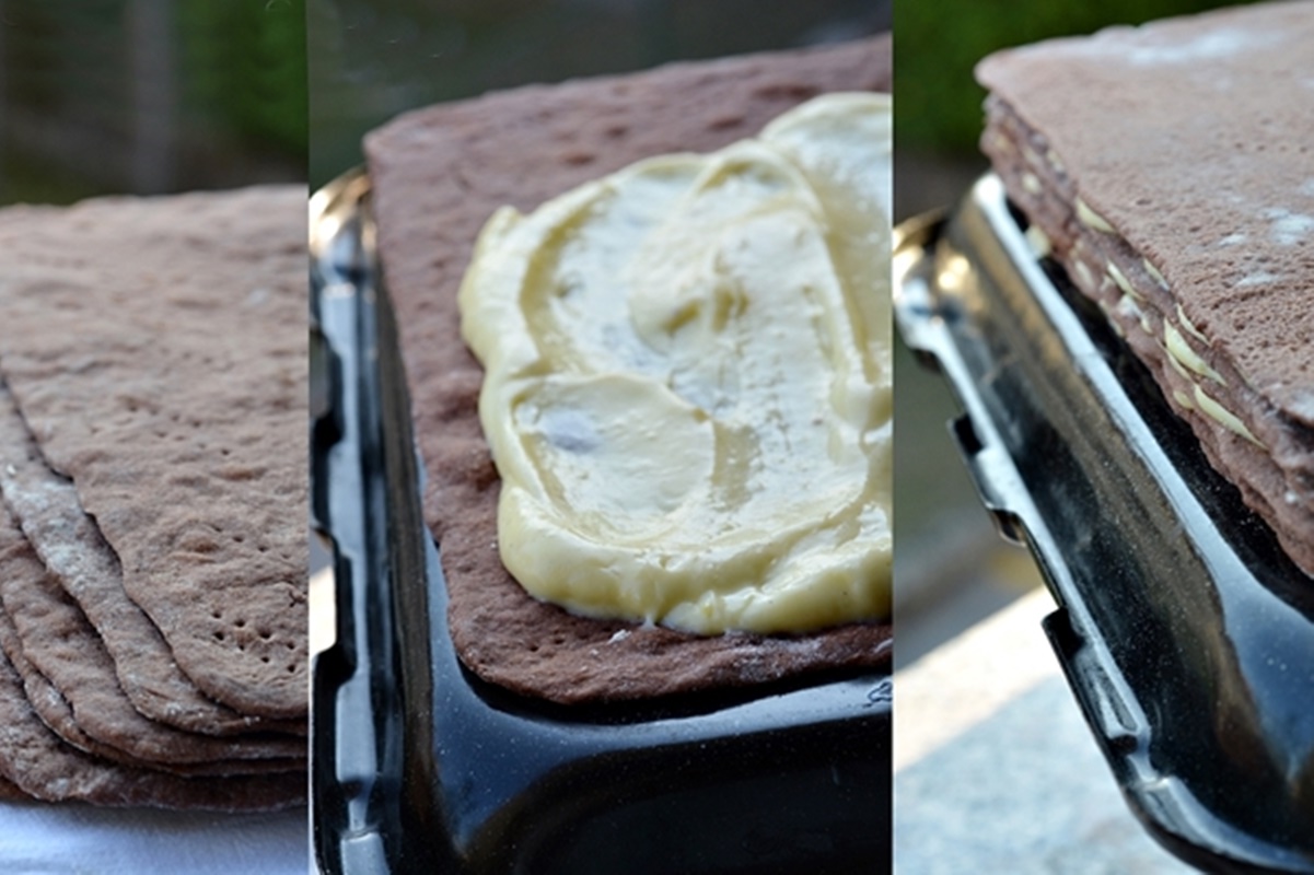 Colaj de poze cu pașii de montare a prăjiturii cu foi și cremă