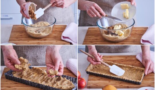 Colaj de poze cu pașii pentru prepararea crustei de biscuiți pentru tartă
