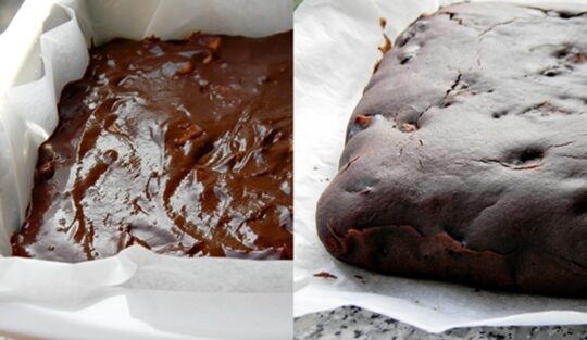 Colaj de poze cu prăjitura înainte și după coacere