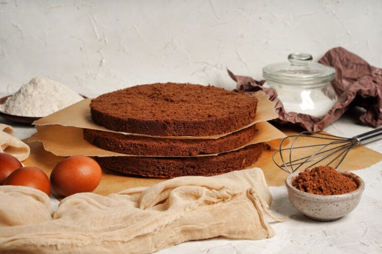 Blat de tort cu cacao și amidon secționat în trei pe hârtii de copt