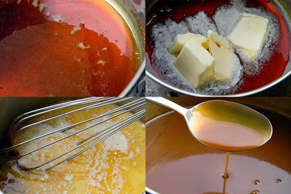 Colaj de poze cu pașii de preparare ai sosului caramel
