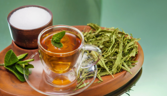 Extract de stevia pe o măsuță de lemn alături de o ceșacă de ceai