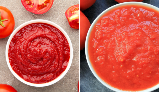 piure de roșii vs sos de roșii într-o imagine colaj