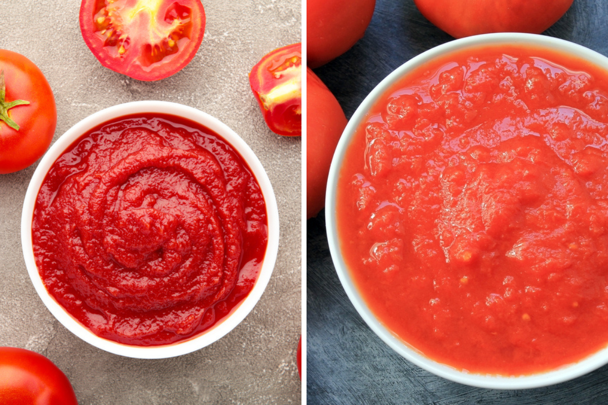 piure de roșii vs sos de roșii într-o imagine colaj