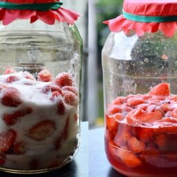 Borcan cu căpșuni și zahăr și borcan cu sirop de căpșuni