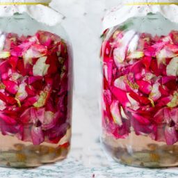 Două borcane de sticlă cu petale de trandafiri în apă