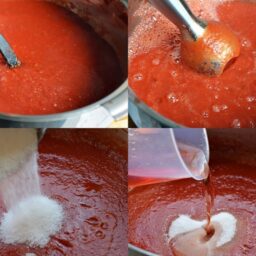 Colaj de poze cu pașii de preparare ai ketchupului