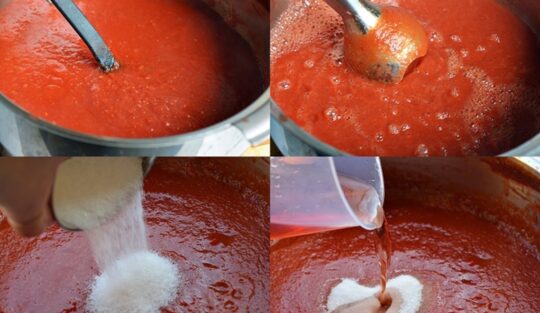 Colaj de poze cu pașii de preparare ai ketchupului