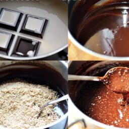 Colaj de poze cu pașii de preparare pentru cremă de ciocolată cu nuci