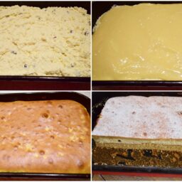 Colaj de poze cu pașii de preparare ai prăjiturii cu brânză