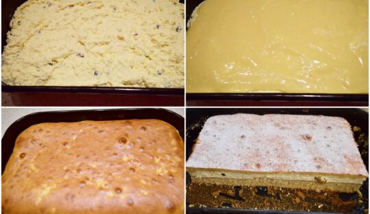 Colaj de poze cu pașii de preparare ai prăjiturii cu brânză