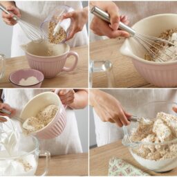 Colaj de poze cu pașii de preparare ai blaturilor de tort cu alune și cafea