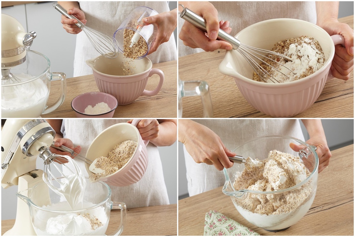 Colaj de poze cu pașii de preparare ai blaturilor de tort cu alune și cafea