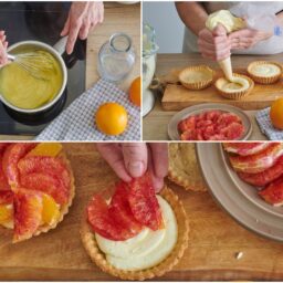 Colaj de poze cu pașii de umplere a crustelor de mini tarte cu vanilie și portocale în două culori