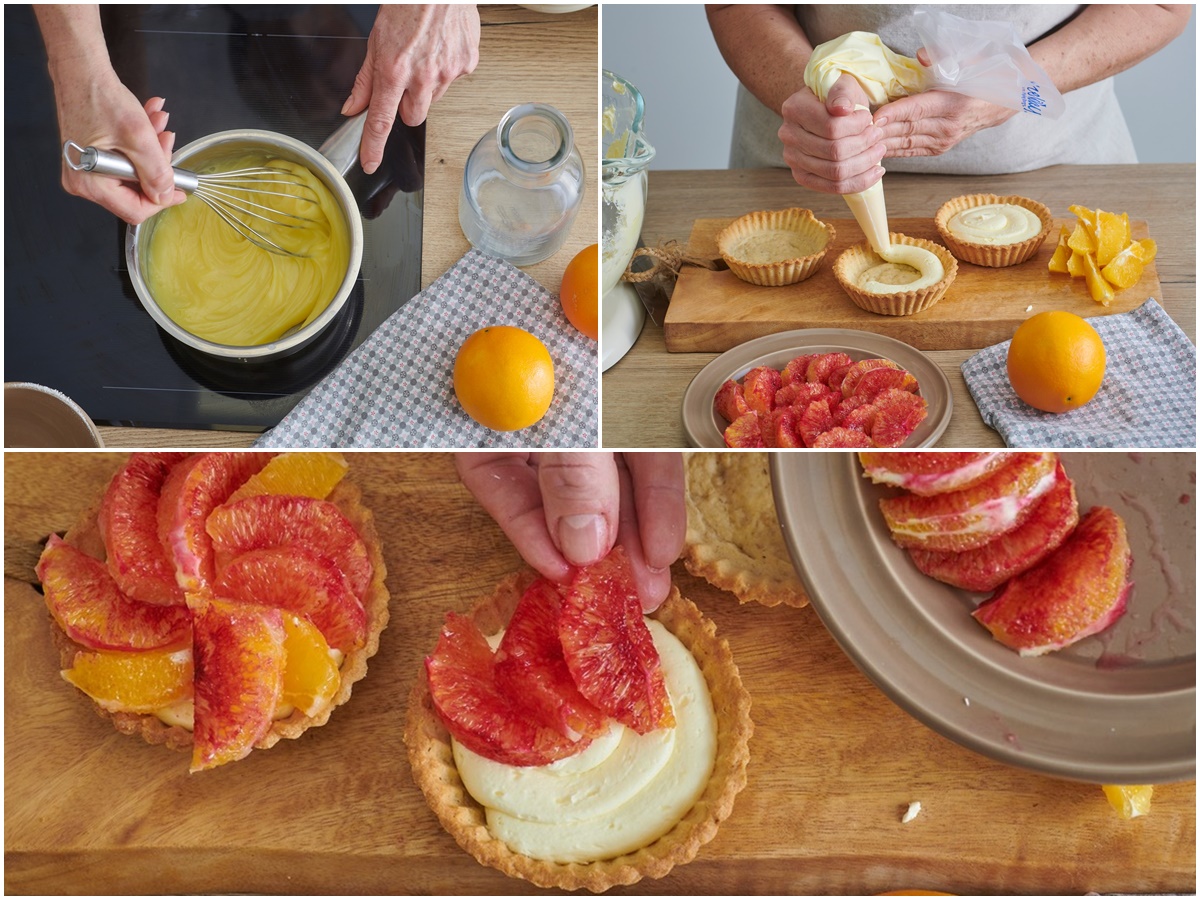 Colaj de poze cu pașii de umplere a crustelor de mini tarte cu vanilie și portocale în două culori