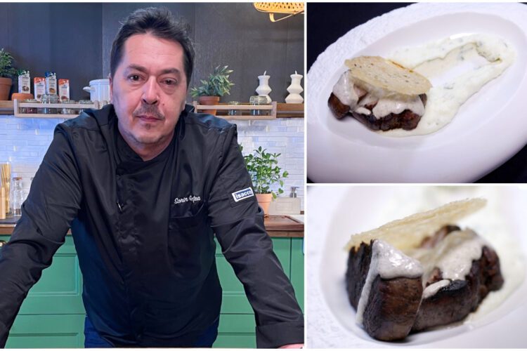 Colaj de trei fotografii în care apar Chef Sorin Gonțea și o porție de steak de vită cu sos de smântână